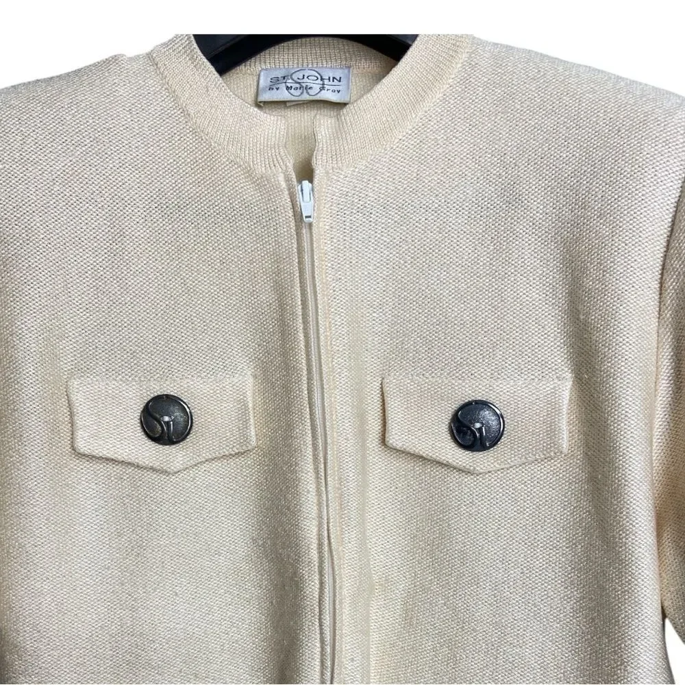 St. John by Marie Gray cropped cream tweed full zip short sleeve blazer size 10